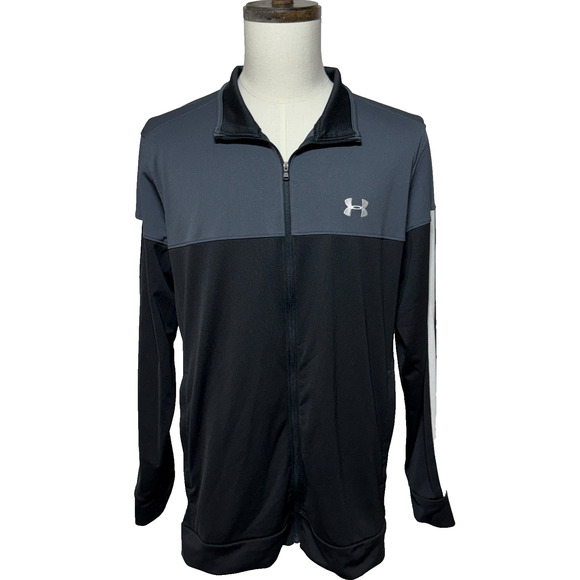 Under Armour Jacket Mens XXL Gray Black Colorblock Fitted Pique Track Full Zip - Picture 1 of 8